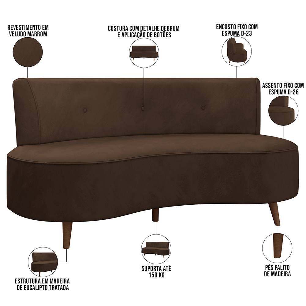 Sofá Chaise Living 2 Lugares 160cm para Sala Istambul K01 Veludo Marrom - Lyam Decor