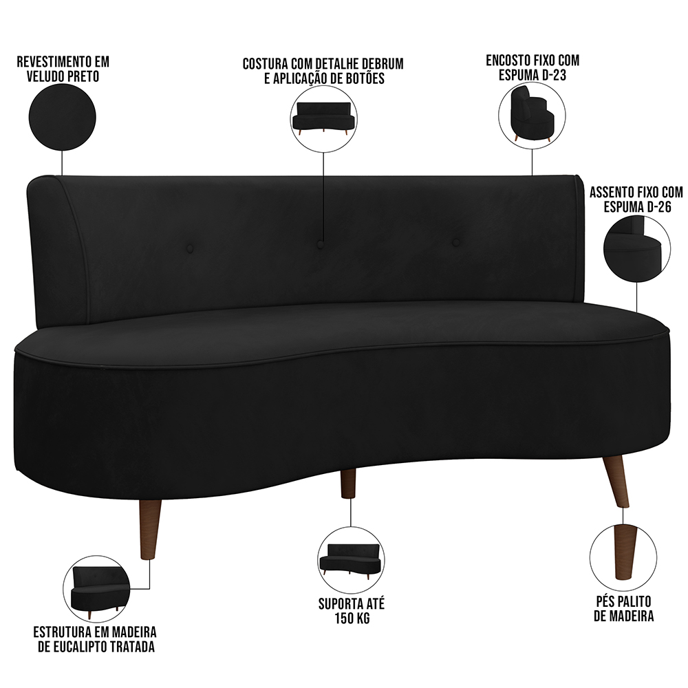 Sofá Chaise Living 2 Lugares 160cm para Sala Istambul K01 Veludo Preto - Lyam Decor