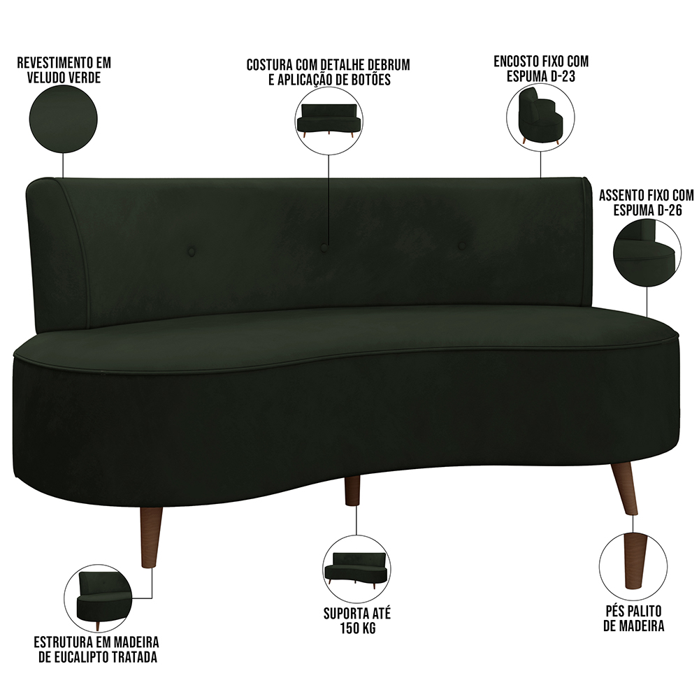 Sofá Chaise Living 2 Lugares 160cm para Sala Istambul K01 Veludo Verde - Lyam Decor