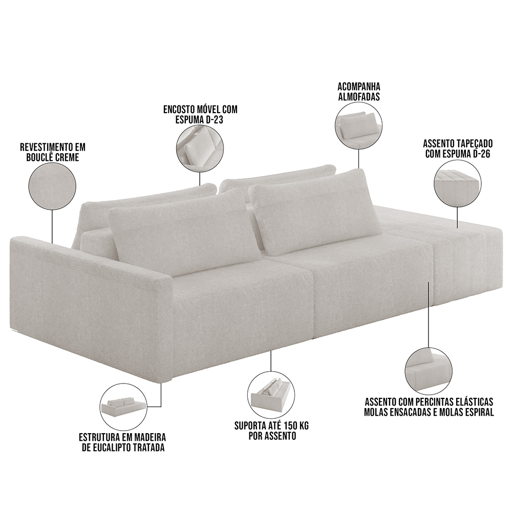 Sofá Ilha Modular Para Sala 232cm com Puff Dublin K01 Bouclê Creme - Lyam Decor