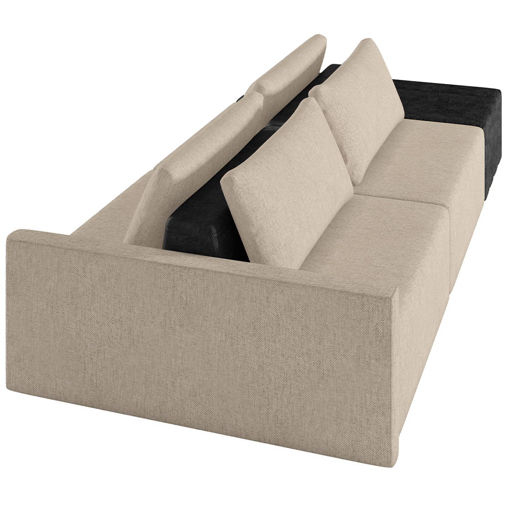 Sofá Ilha Modular Para Sala 232cm com Puff Dublin K01 Linho Bege e Sintético Preto - Lyam Decor