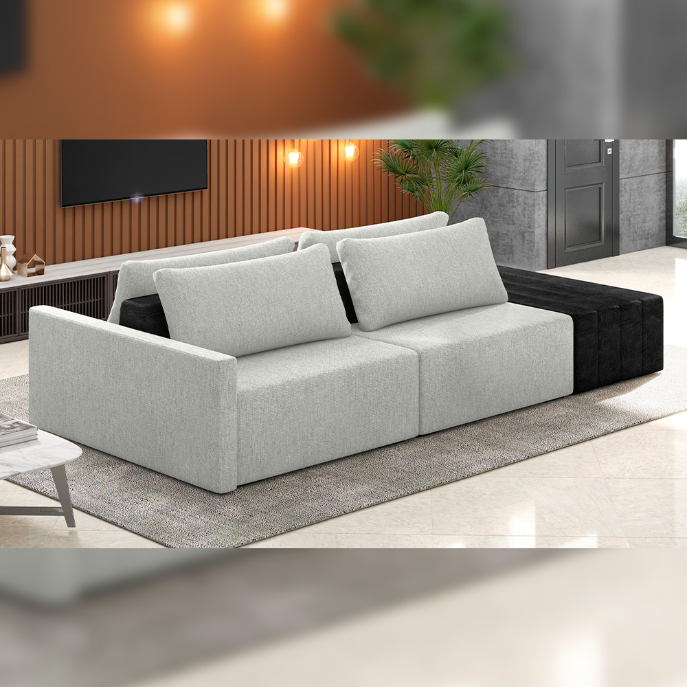 Sofá Ilha Modular Para Sala 232cm com Puff Dublin K01 Linho Cinza e Sintético Preto - Lyam Decor