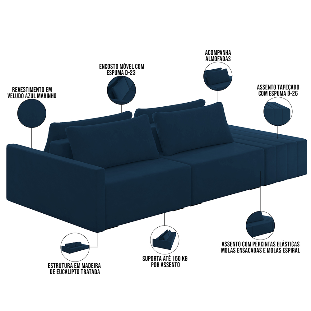 Sofá Ilha Modular Para Sala 232cm com Puff Dublin K01 Veludo Azul Marinho - Lyam Decor