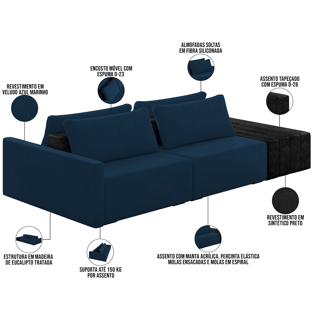 Sofá Ilha Modular Para Sala 232cm com Puff Dublin K01 Veludo Azul Marinho e Sintético Preto - Lyam Decor