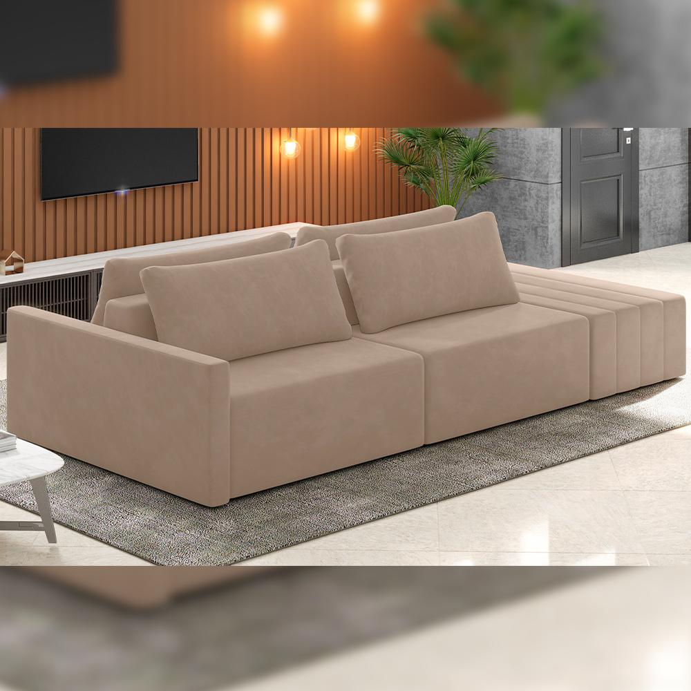 Sofá Ilha Modular Para Sala 232cm com Puff Dublin K01 Veludo Bege - Lyam Decor