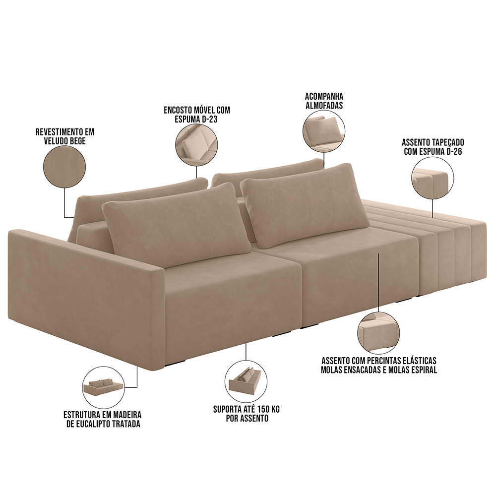 Sofá Ilha Modular Para Sala 232cm com Puff Dublin K01 Veludo Bege - Lyam Decor