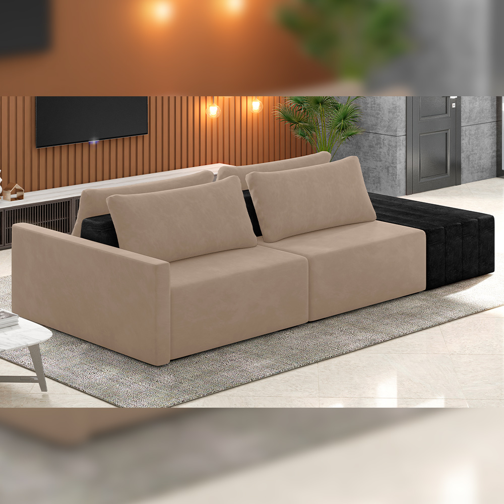 Sofá Ilha Modular Para Sala 232cm com Puff Dublin K01 Veludo Bege TA7074 e Sintético Preto TF7036