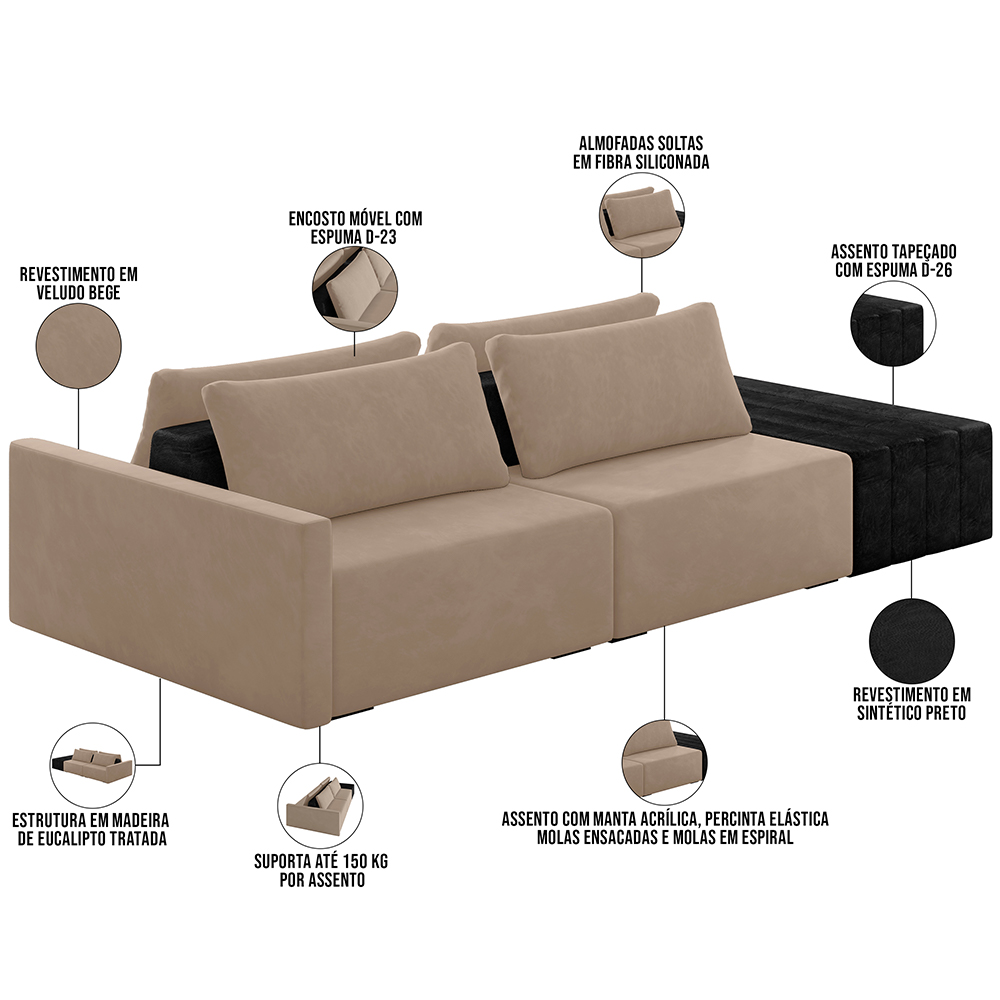 Sofá Ilha Modular Para Sala 232cm com Puff Dublin K01 Veludo Bege TA7074 e Sintético Preto TF7036