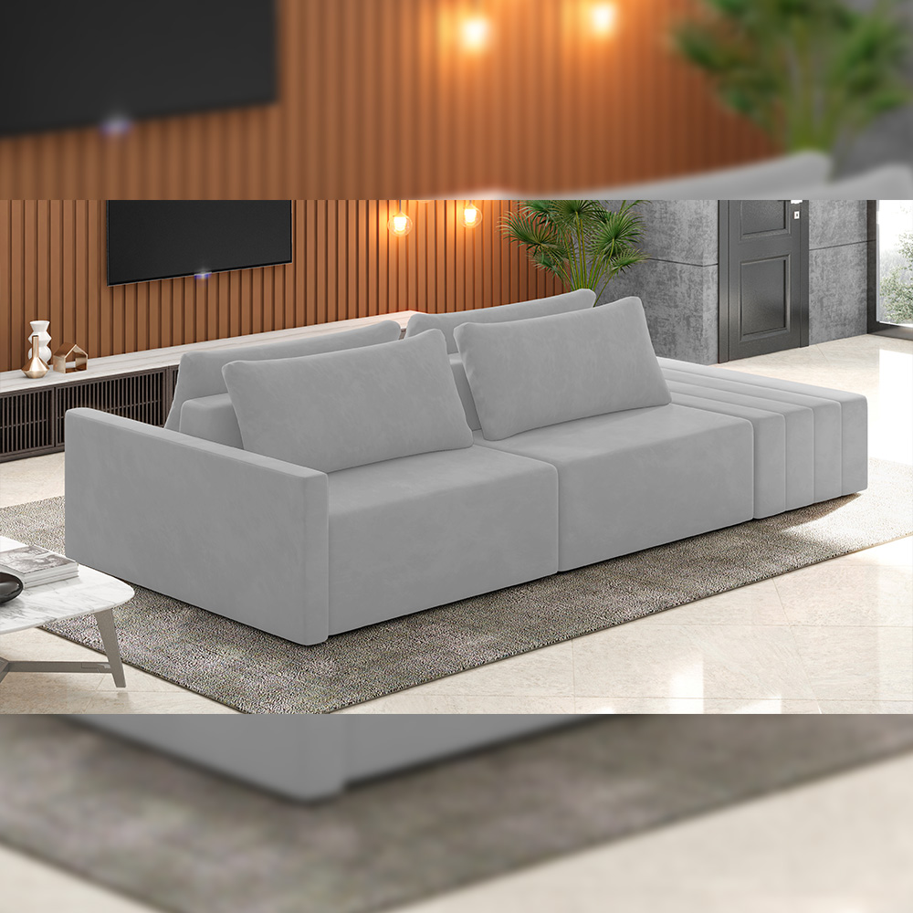 Sofá Ilha Modular Para Sala 232cm com Puff Dublin K01 Veludo Cinza - Lyam Decor