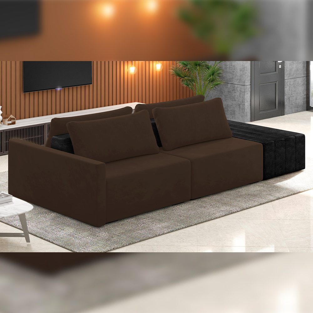 Sofá Ilha Modular Para Sala 232cm com Puff Dublin K01 Veludo Marrom TA7031 e Sintético Preto TF7036