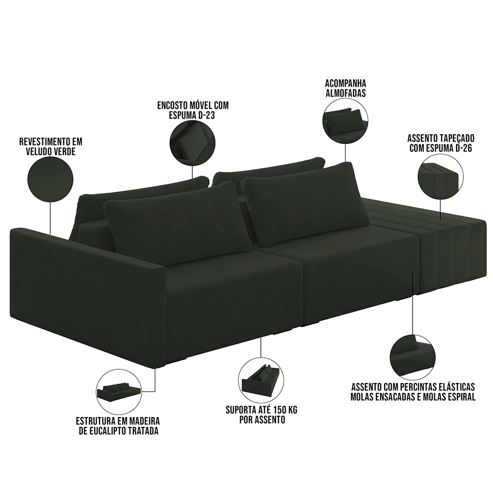 Sofá Ilha Modular Para Sala 232cm com Puff Dublin K01 Veludo Verde - Lyam Decor