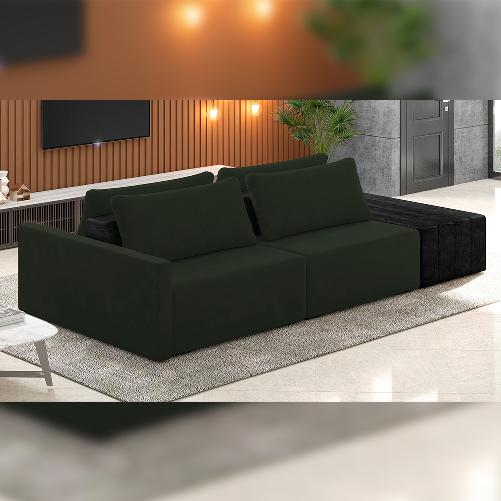 Sofá Ilha Modular Para Sala 232cm com Puff Dublin K01 Veludo Verde TA7052 e Sintético Preto TF7036