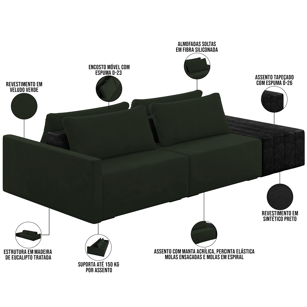Sofá Ilha Modular Para Sala 232cm com Puff Dublin K01 Veludo Verde TA7052 e Sintético Preto TF7036