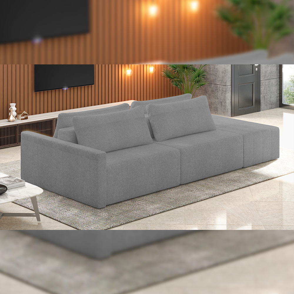 Sofá Ilha Modular Para Sala 252cm com Puff Dublin K01 Bouclê Cinza - Lyam Decor