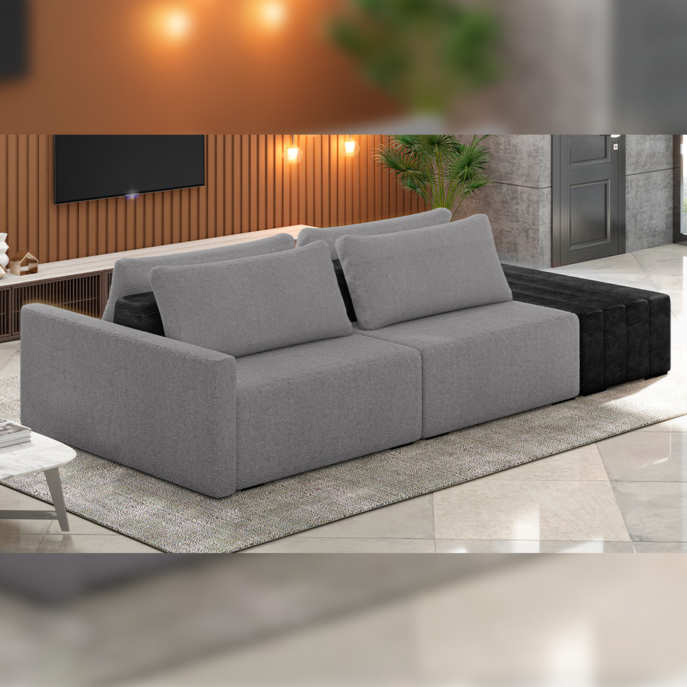 Sofá Ilha Modular Para Sala 252cm com Puff Dublin K01 Bouclê Cinza e Sintético Preto - Lyam Decor