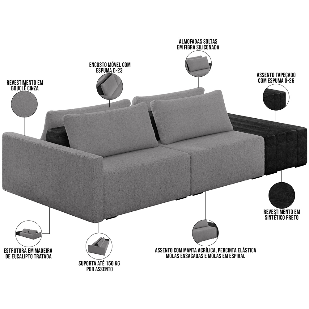 Sofá Ilha Modular Para Sala 252cm com Puff Dublin K01 Bouclê Cinza e Sintético Preto - Lyam Decor