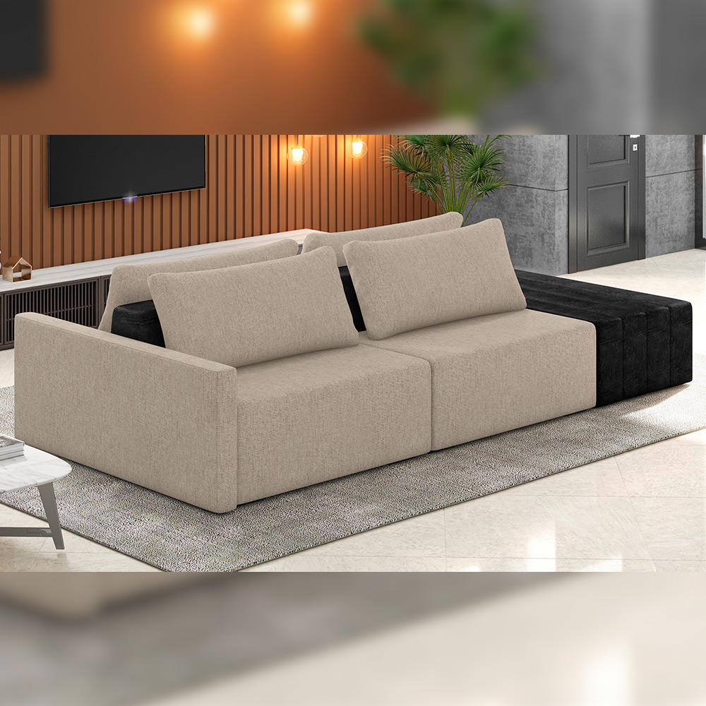 Sofá Ilha Modular Para Sala 252cm com Puff Dublin K01 Linho Bege e Sintético Preto - Lyam Decor