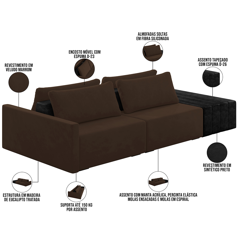 Sofá Ilha Modular Para Sala 252cm com Puff Dublin K01 Veludo Marrom TA7031 e Sintético Preto TF7036