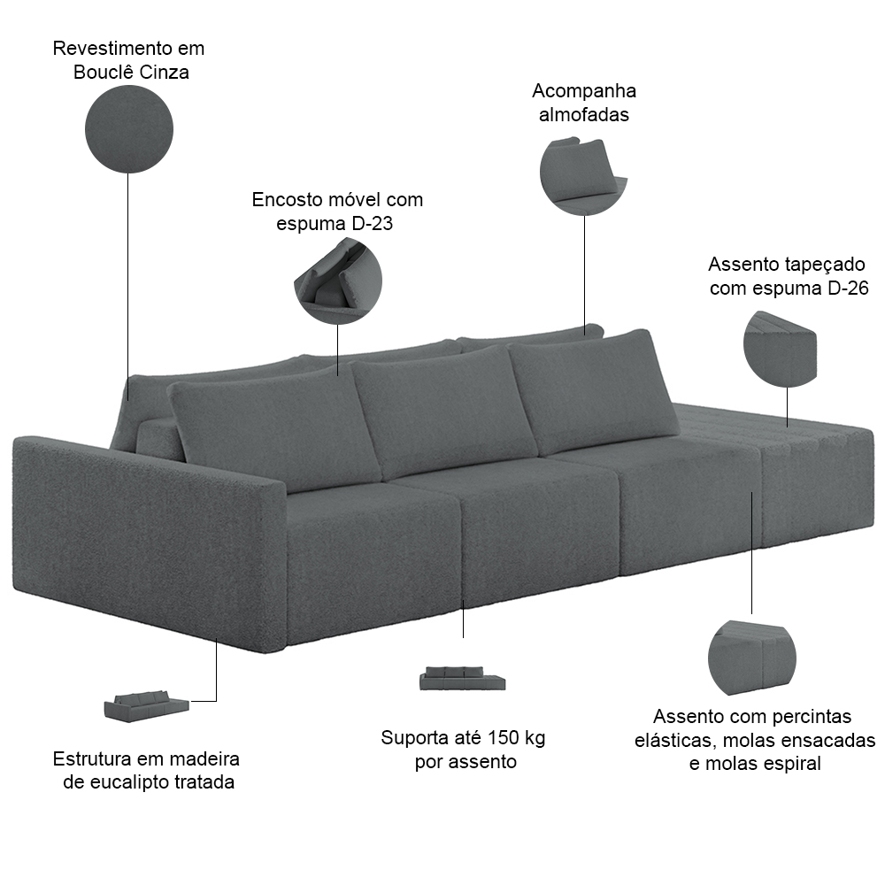 Sofá Ilha Modular Para Sala 312cm com Puff Dublin K01 Bouclê Cinza - Lyam Decor