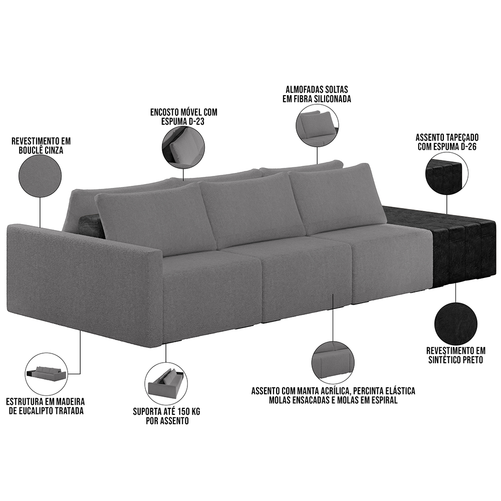 Sofá Ilha Modular Para Sala 312cm com Puff Dublin K01 Bouclê Cinza e Sintético Preto - Lyam Decor