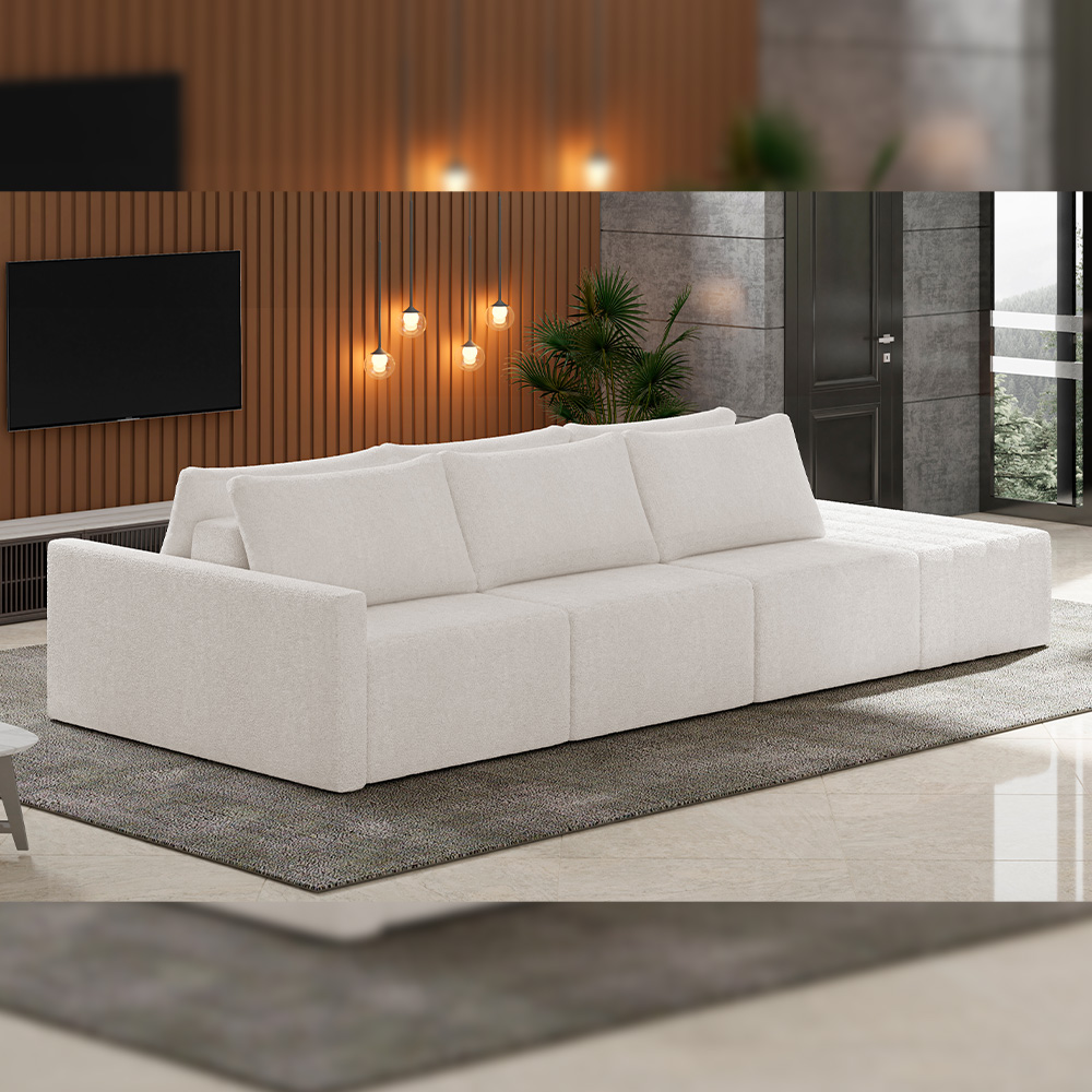 Sofá Ilha Modular Para Sala 312cm com Puff Dublin K01 Bouclê Creme - Lyam Decor