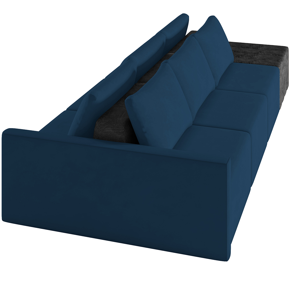 Sofá Ilha Modular Para Sala 312cm com Puff Dublin K01 Veludo Azul Marinho TA7028 e Sintético Preto TF7036