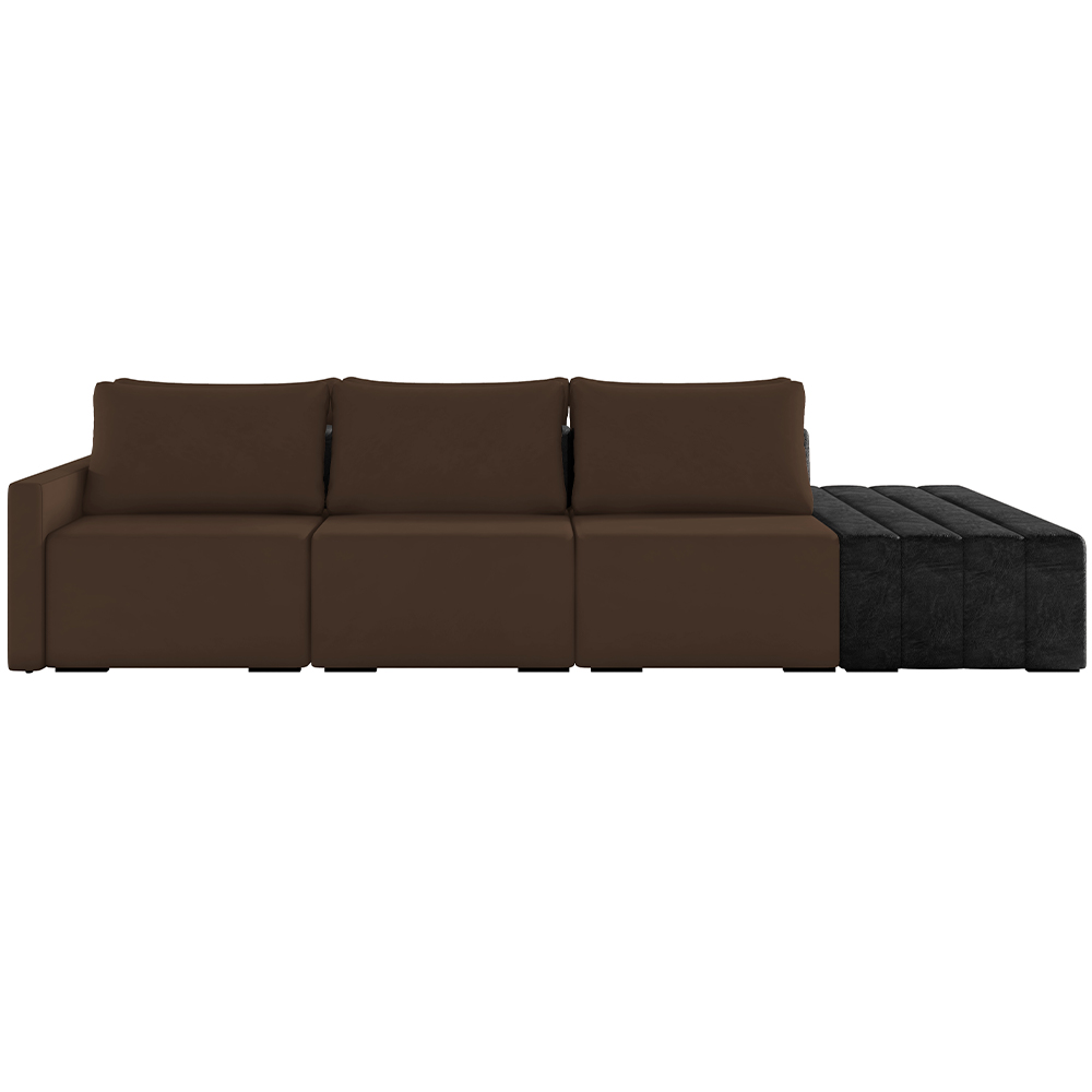 Sofá Ilha Modular Para Sala 312cm com Puff Dublin K01 Veludo Marrom TA7031 e Sintético Preto TF7036