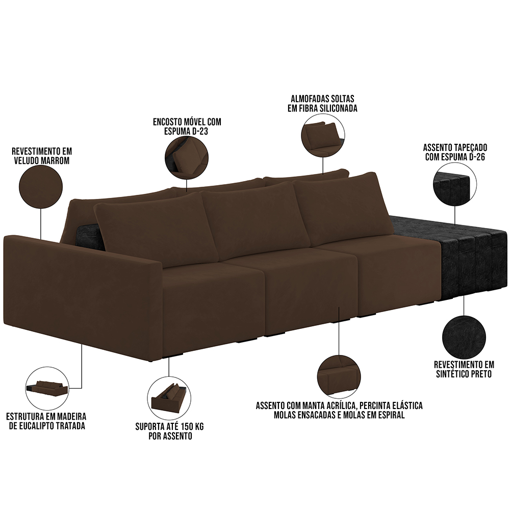 Sofá Ilha Modular Para Sala 312cm com Puff Dublin K01 Veludo Marrom TA7031 e Sintético Preto TF7036