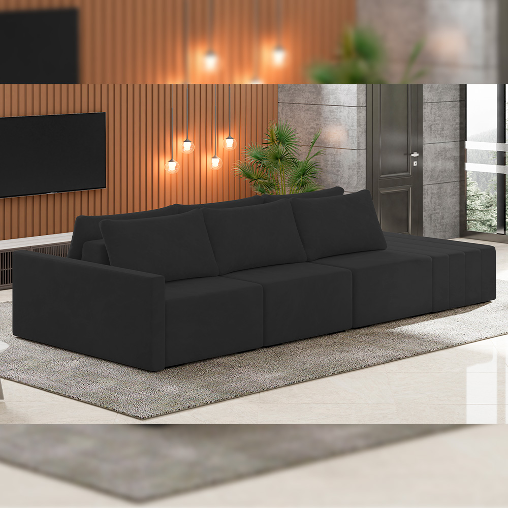 Sofá Ilha Modular Para Sala 312cm com Puff Dublin K01 Veludo Preto - Lyam Decor