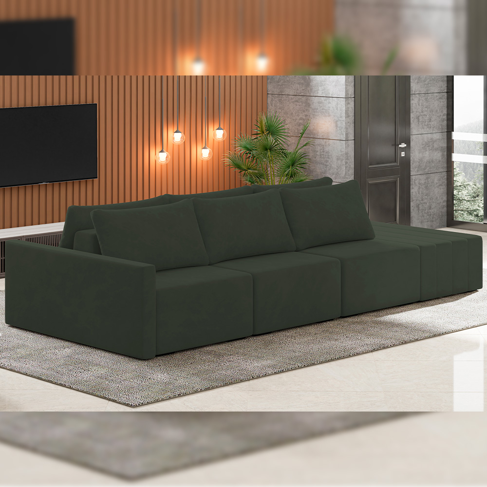 Sofá Ilha Modular Para Sala 312cm com Puff Dublin K01 Veludo Verde - Lyam Decor