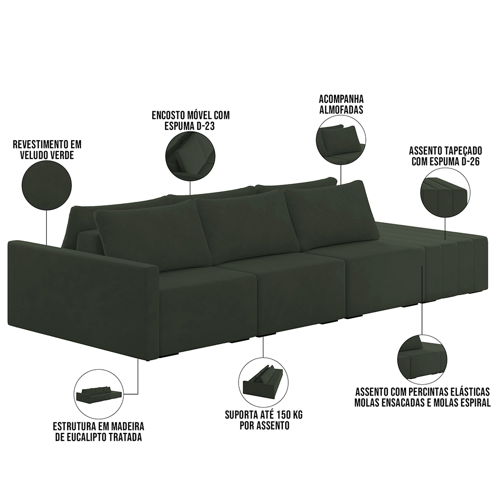 Sofá Ilha Modular Para Sala 312cm com Puff Dublin K01 Veludo Verde - Lyam Decor