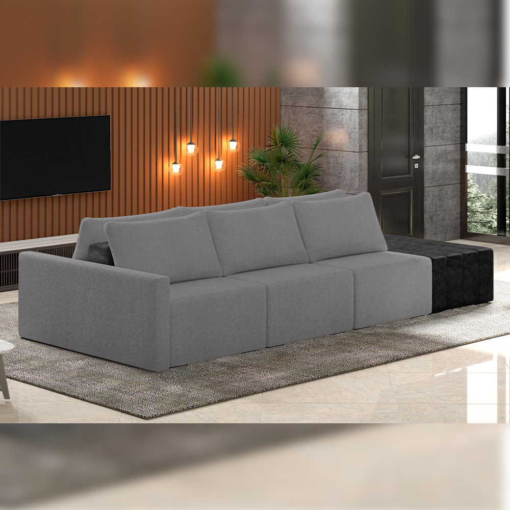 Sofá Ilha Modular Para Sala 342cm com Puff Dublin K01 Bouclê Cinza e Sintético Preto - Lyam Decor