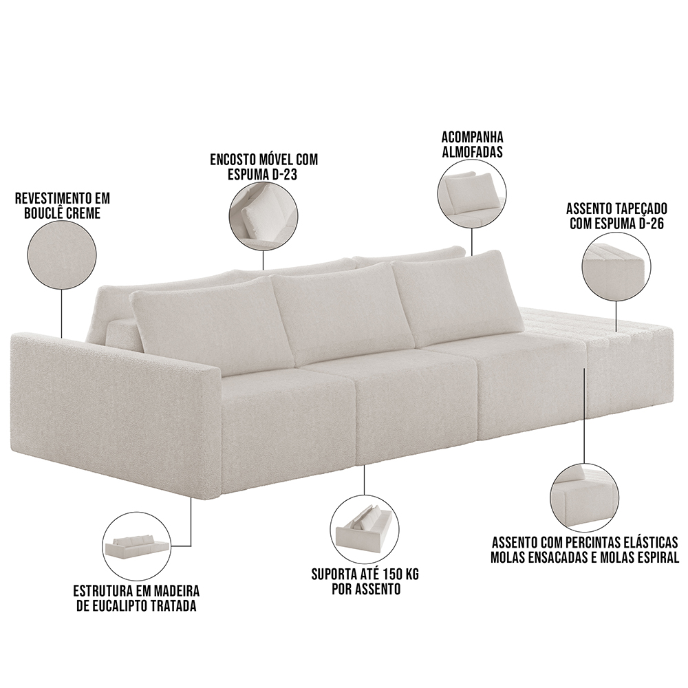 Sofá Ilha Modular Para Sala 342cm com Puff Dublin K01 Bouclê Creme - Lyam Decor