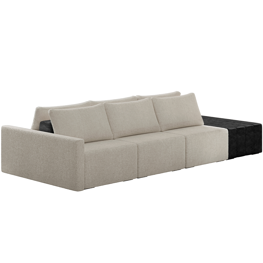 Sofá Ilha Modular Para Sala 342cm com Puff Dublin K01 Bouclê Creme e Sintético Preto - Lyam Decor