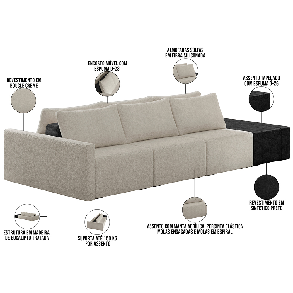 Sofá Ilha Modular Para Sala 342cm com Puff Dublin K01 Bouclê Creme e Sintético Preto - Lyam Decor