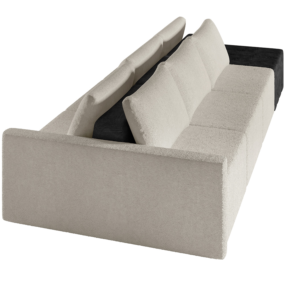 Sofá Ilha Modular Para Sala 342cm com Puff Dublin K01 Bouclê Creme e Sintético Preto - Lyam Decor