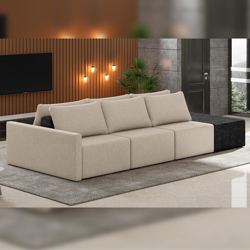 Sofá Ilha Modular Para Sala 342cm com Puff Dublin K01 Linho Bege e Sintético Preto - Lyam Decor