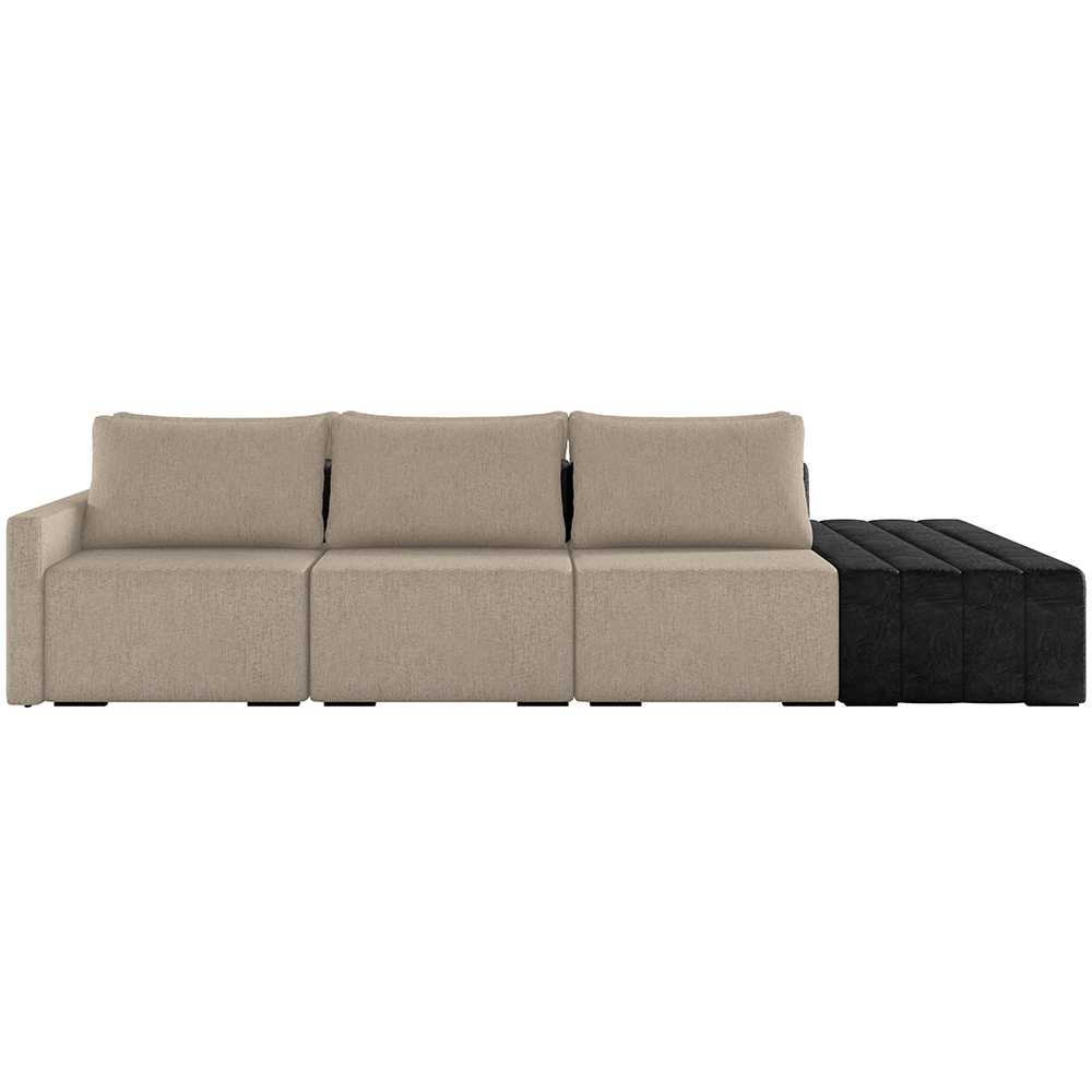 Sofá Ilha Modular Para Sala 342cm com Puff Dublin K01 Linho Bege e Sintético Preto - Lyam Decor