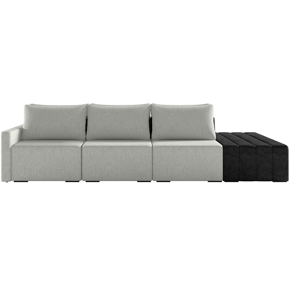Sofá Ilha Modular Para Sala 342cm com Puff Dublin K01 Linho Cinza e Sintético Preto - Lyam Decor