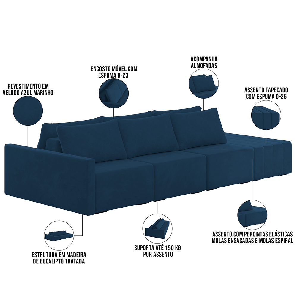 Sofá Ilha Modular Para Sala 342cm com Puff Dublin K01 Veludo Azul Marinho - Lyam Decor