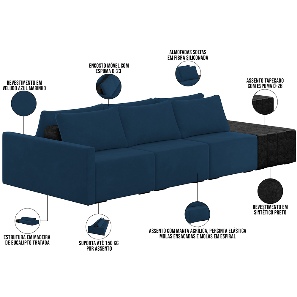 Sofá Ilha Modular Para Sala 342cm com Puff Dublin K01 Veludo Azul Marinho TA7028 e Sintético Preto TF7036