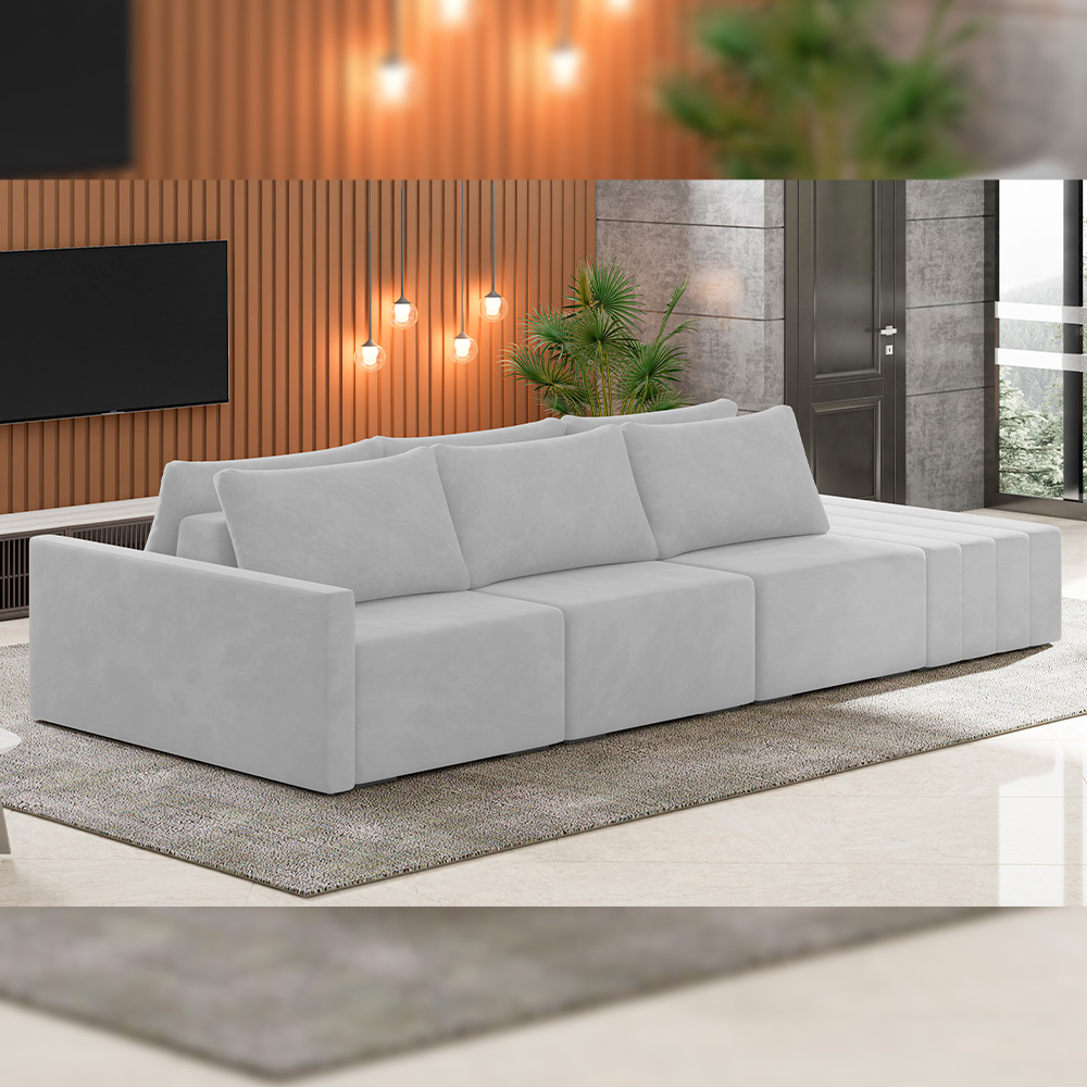 Sofá Ilha Modular Para Sala 342cm com Puff Dublin K01 Veludo Cinza - Lyam Decor