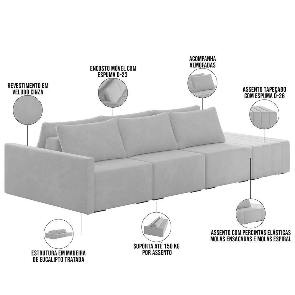 Sofá Ilha Modular Para Sala 342cm com Puff Dublin K01 Veludo Cinza - Lyam Decor