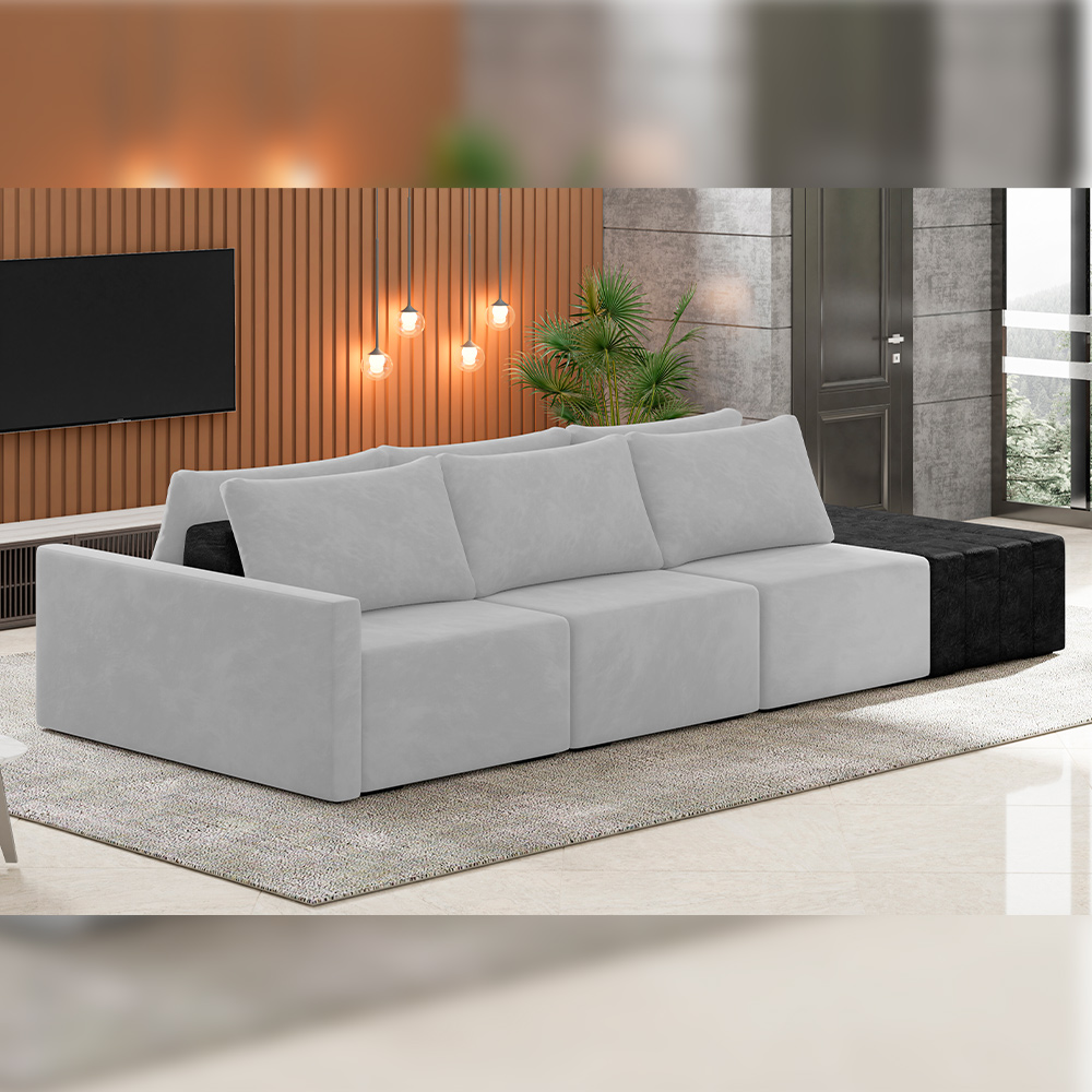 Sofá Ilha Modular Para Sala 342cm com Puff Dublin K01 Veludo Cinza TA7030 e Sintético Preto TF7036