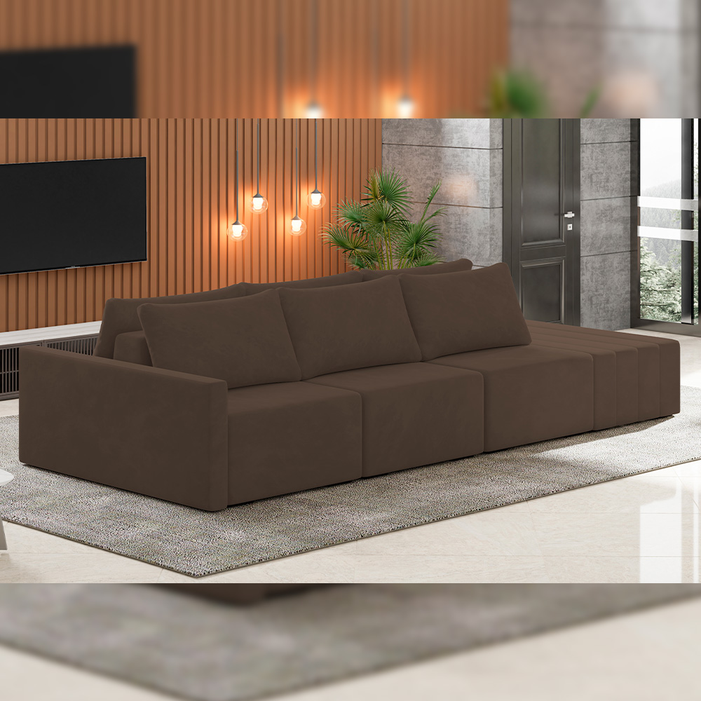 Sofá Ilha Modular Para Sala 342cm com Puff Dublin K01 Veludo Marrom - Lyam Decor