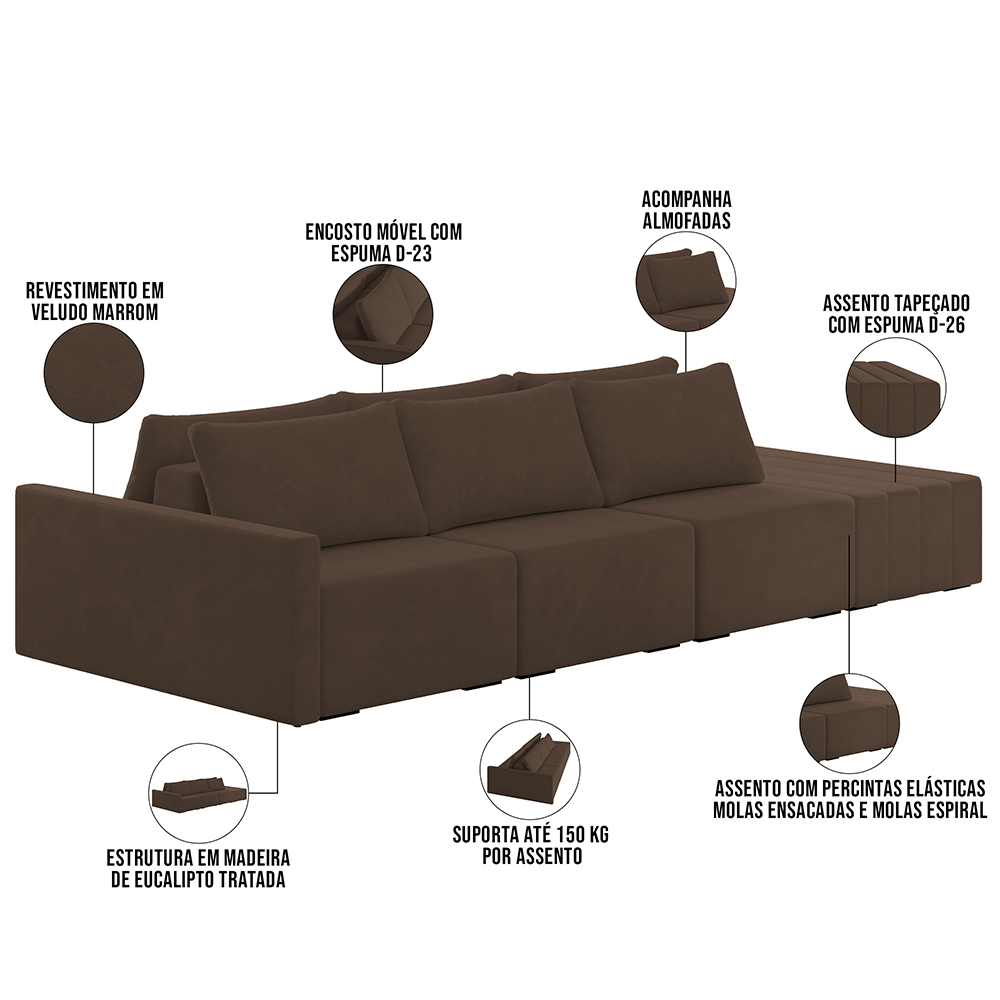 Sofá Ilha Modular Para Sala 342cm com Puff Dublin K01 Veludo Marrom - Lyam Decor