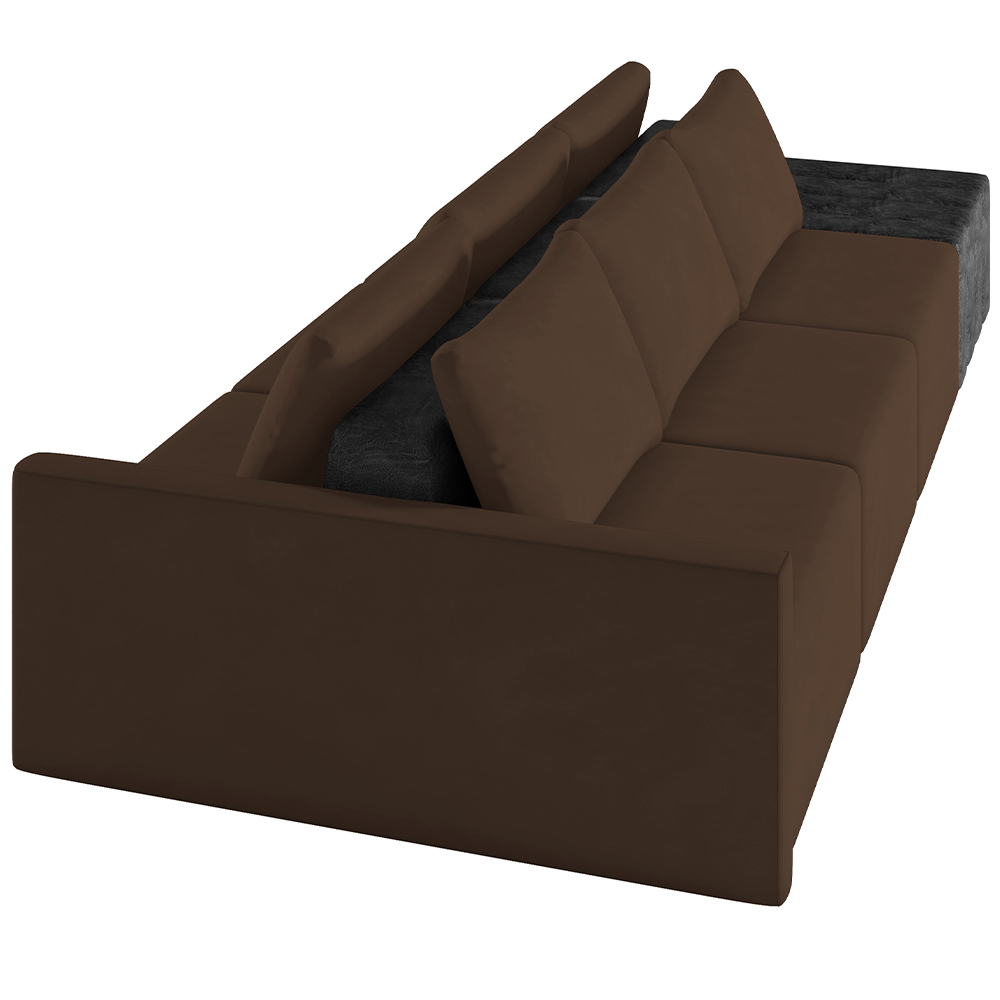 Sofá Ilha Modular Para Sala 342cm com Puff Dublin K01 Veludo Marrom TA7031 e Sintético Preto TF7036