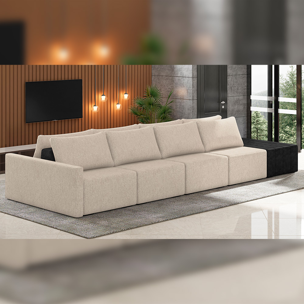 Sofá Ilha Modular Para Sala 392cm com Puff Dublin K01 Linho Bege e Sintético Preto - Lyam Decor