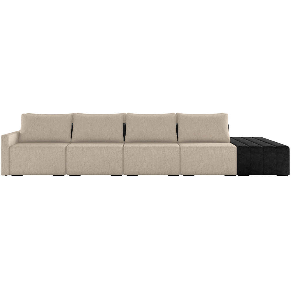 Sofá Ilha Modular Para Sala 392cm com Puff Dublin K01 Linho Bege e Sintético Preto - Lyam Decor