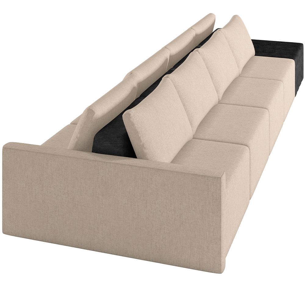 Sofá Ilha Modular Para Sala 392cm com Puff Dublin K01 Linho Bege e Sintético Preto - Lyam Decor
